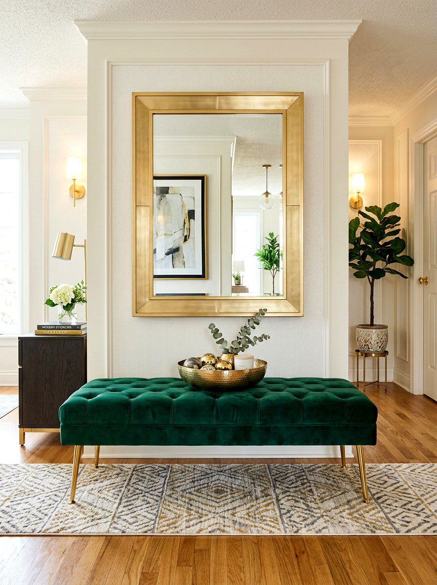 Velvet Bench With Gold Accents - 25 Spring Entryway Bench Decor Ideas