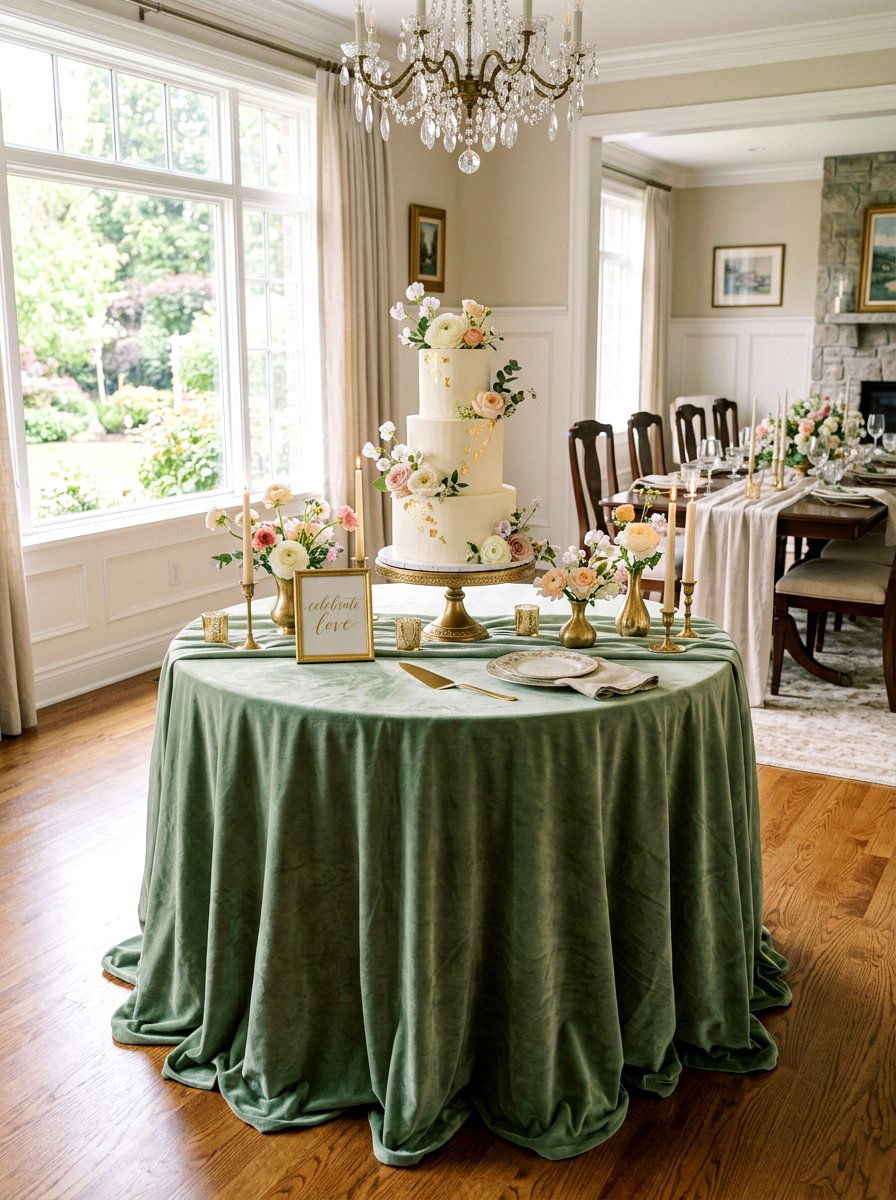Velvet Linen Cake Table - 25 Spring Wedding Cake Table Ideas