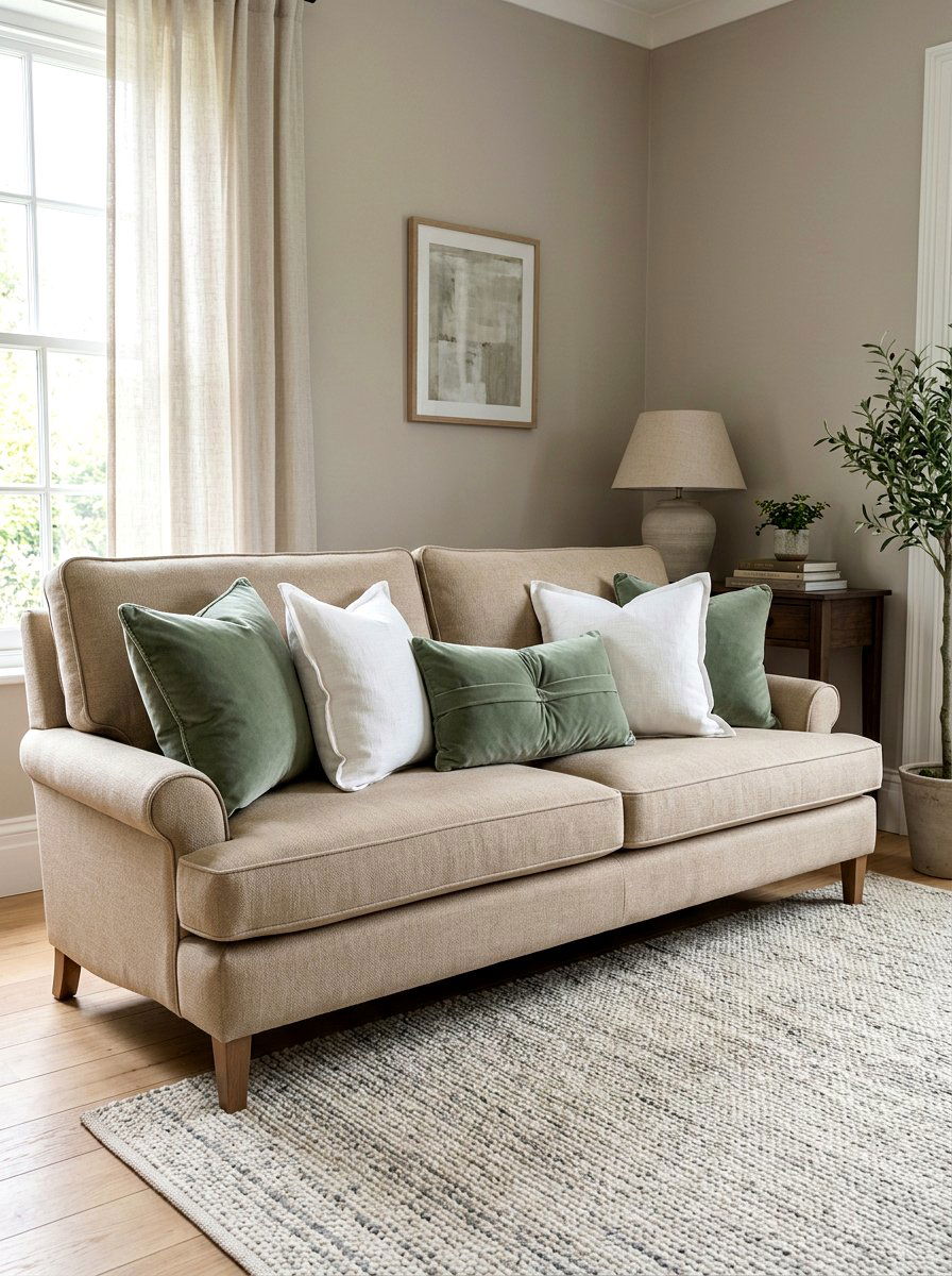 Velvet and linen cushion mix - 25 Spring Sofa Styling Ideas