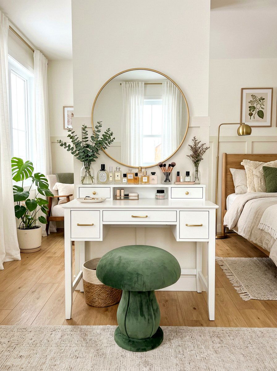 Velvet mushroom stool vanity - 25 Spring Mushroom Decor Ideas