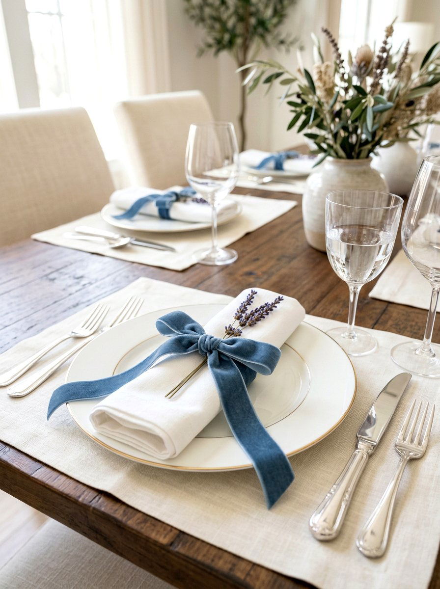 Velvet ribbon napkin ties - 25 Spring Rehearsal Dinner Decor Ideas