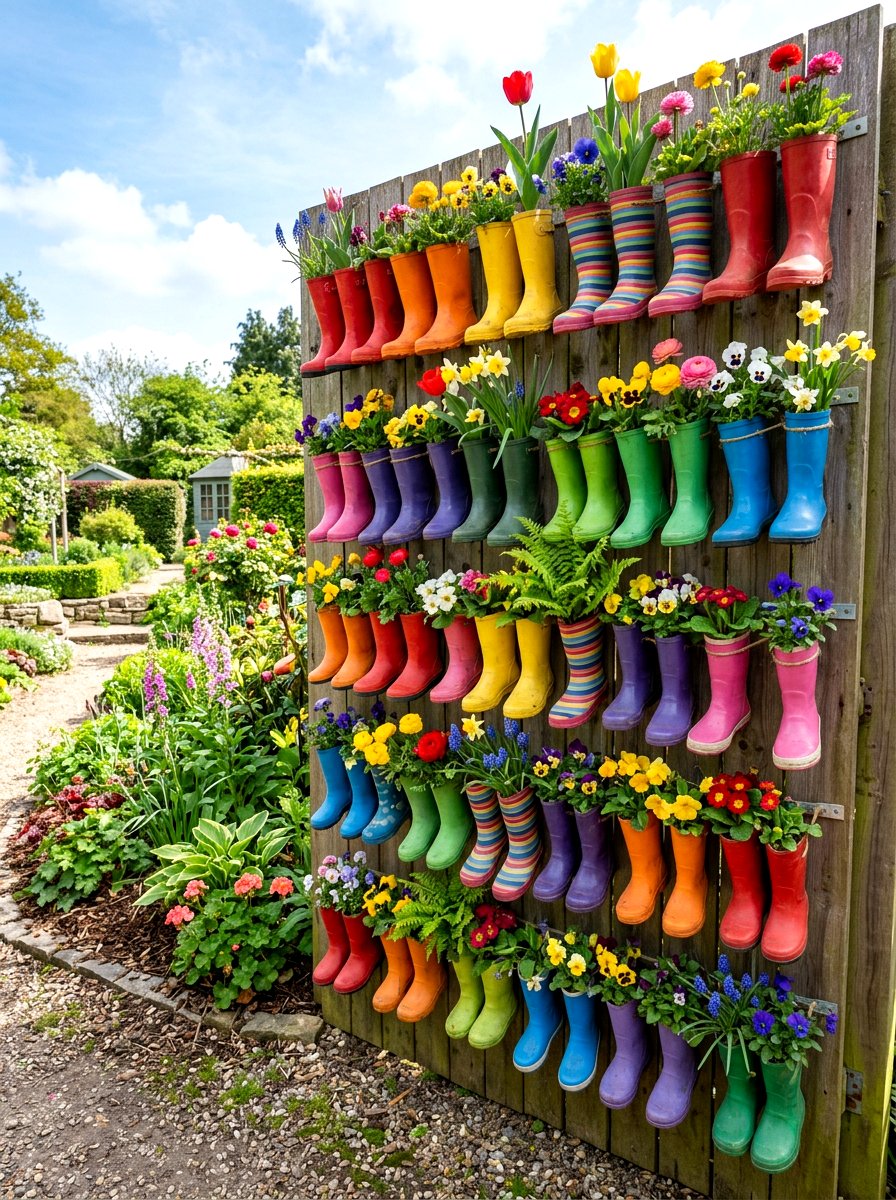 Vertical Boot Planter Wall - 25 Spring Boot Planter Ideas