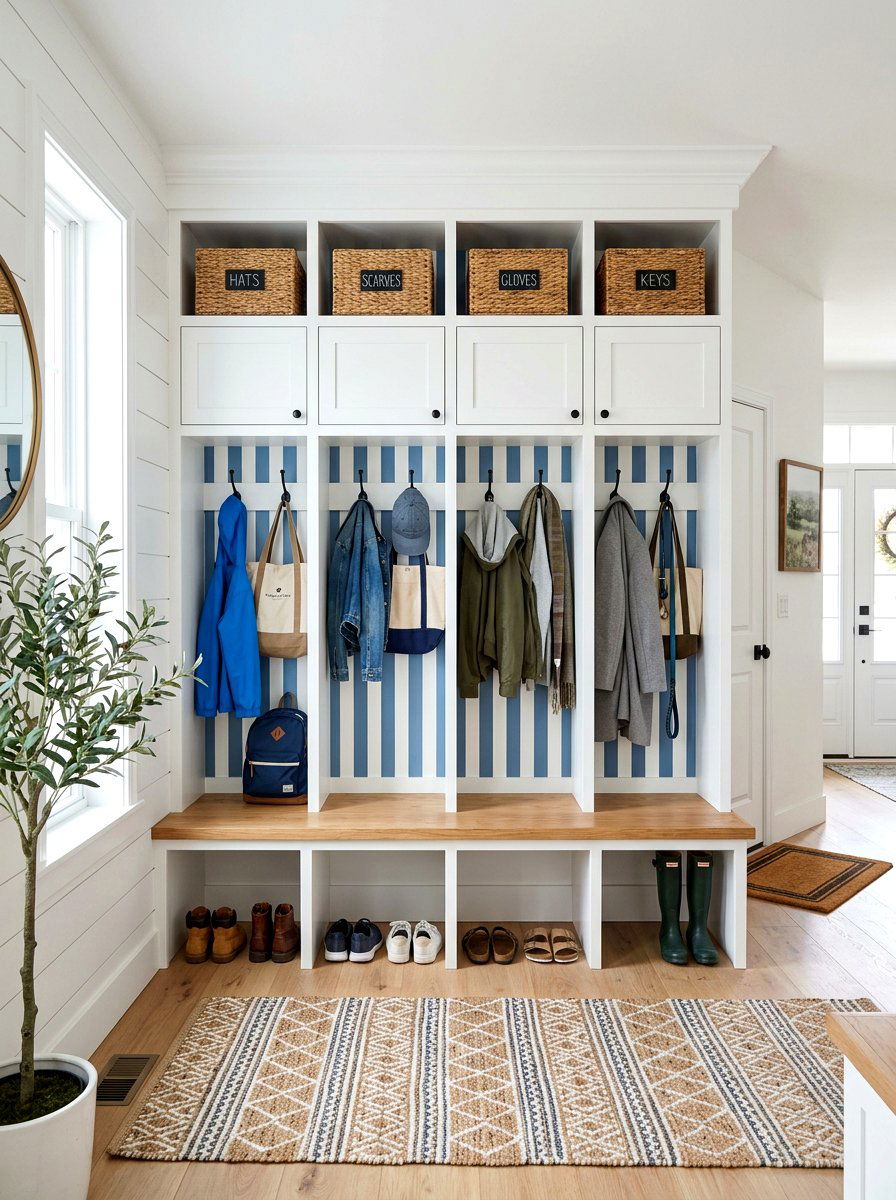 Vertical Stripe Mudroom Cubbies - 25 Spring Striped Decor Ideas