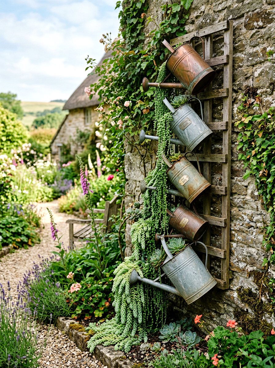 Vertical Watering Can Pot Cascade - 25 Spring Clay Pot Stack Ideas