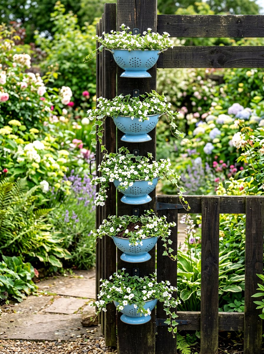 Vertical colander garden fence - 25 Spring Colander Planter Ideas