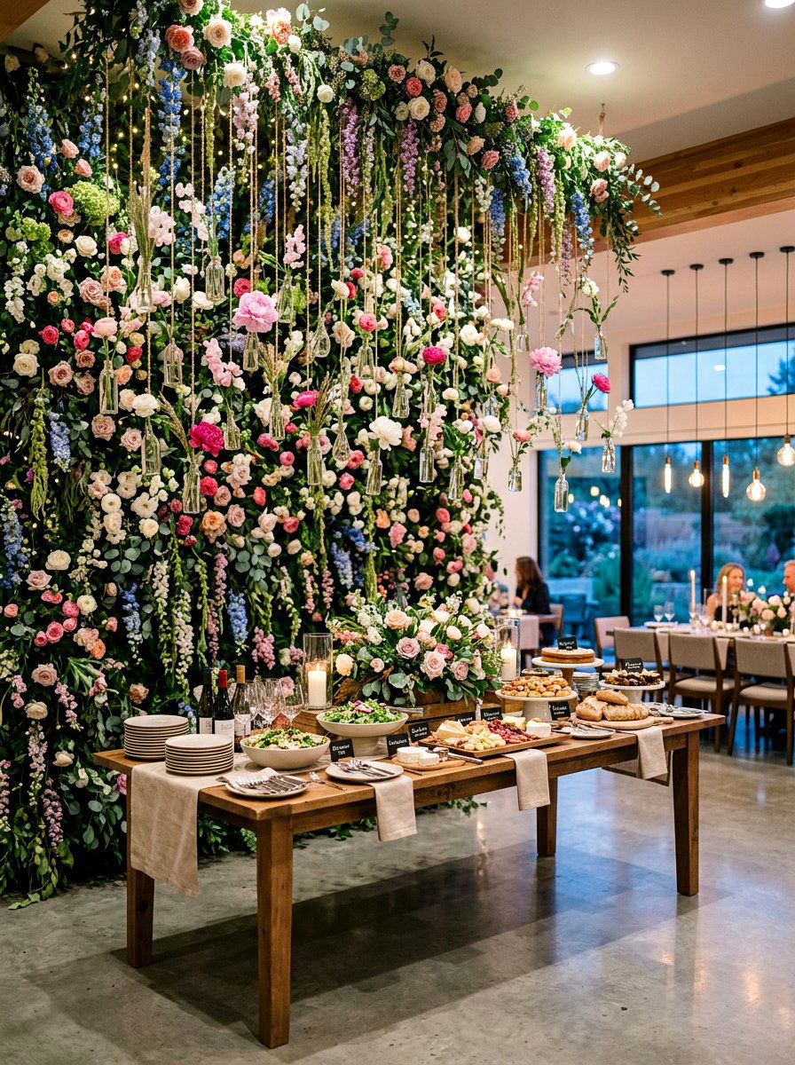 Vertical floral backdrop - 25 Spring Buffet Table Decor Ideas