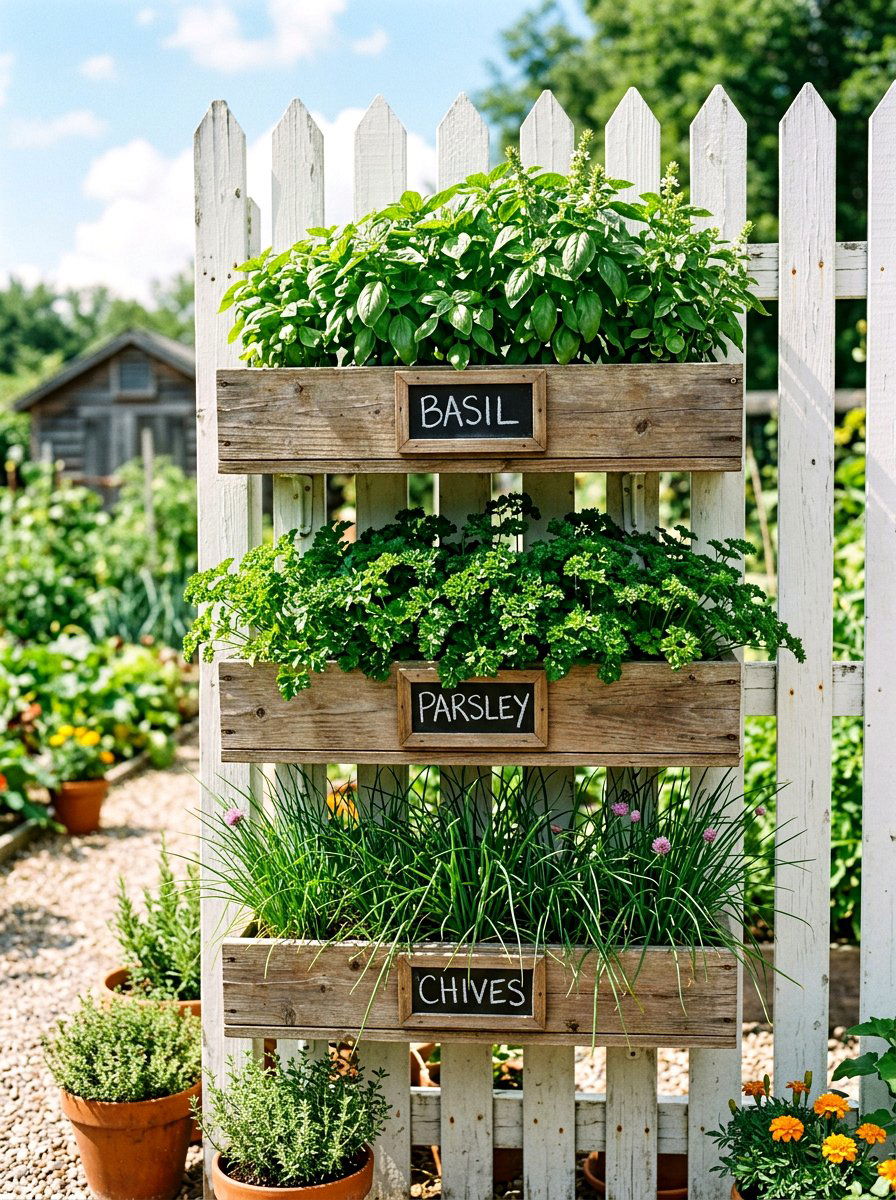 Vertical herb fence garden - 25 Spring Picket Fence Planter Ideas