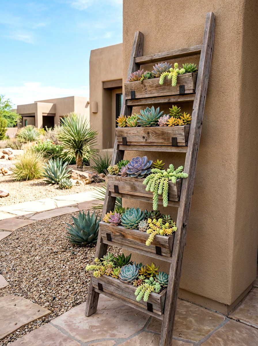 Vertical ladder succulent garden - 25 Spring Outdoor Ladder Decor Ideas