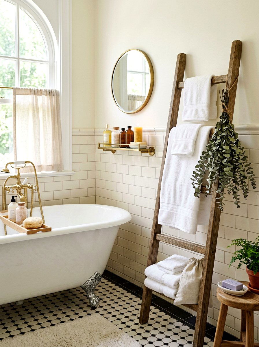 Vintage Bathroom Towel Storage - 25 Spring Ladder Decor Ideas