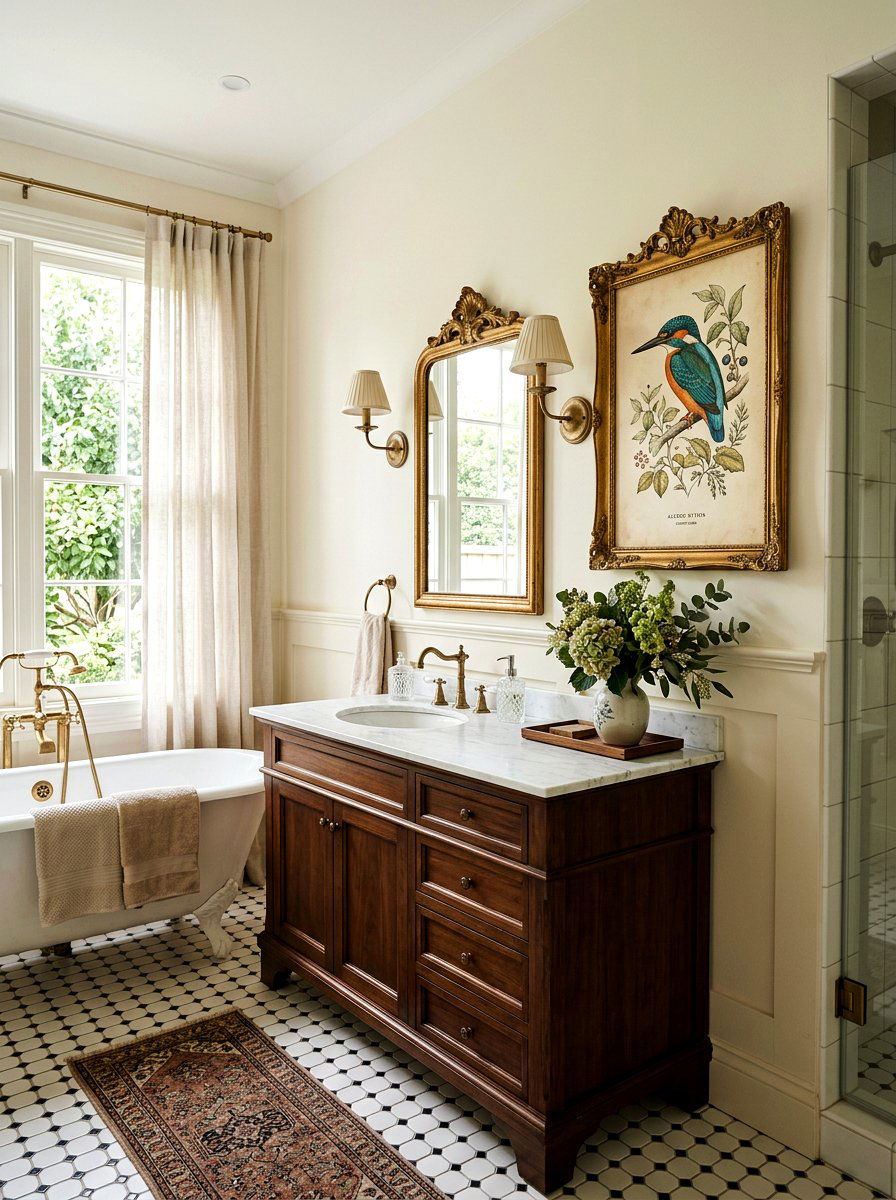 Vintage Bird Illustration Art - 25 Spring Bathroom Vanity Decor Ideas