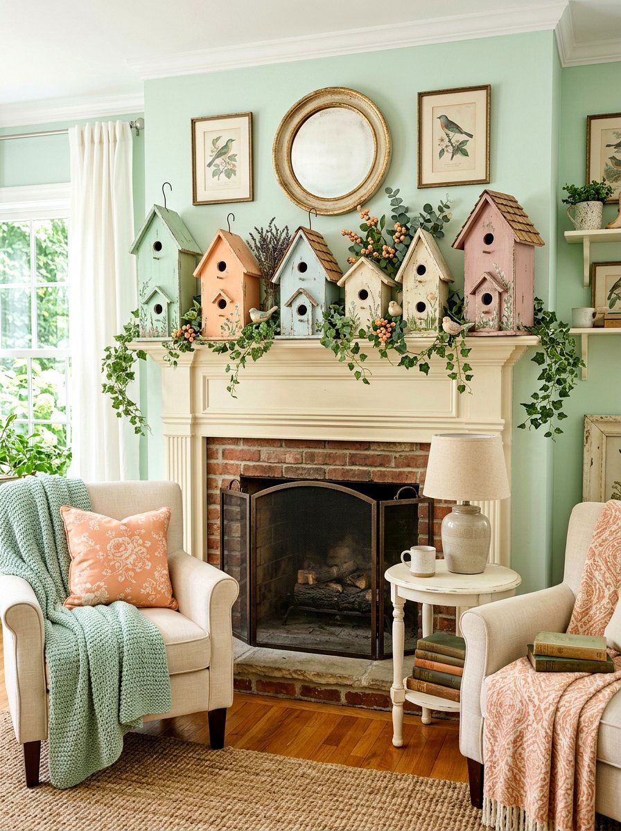 Vintage Birdhouse Decor - 25 Spring Fireplace Mantel Ideas