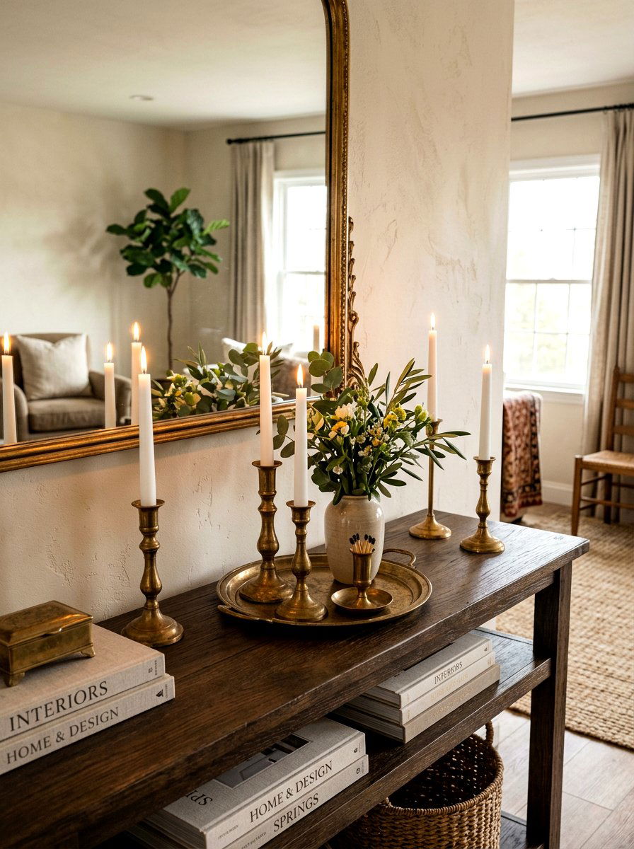 Vintage Brass Accent - 25 Spring Sideboard Decor Ideas