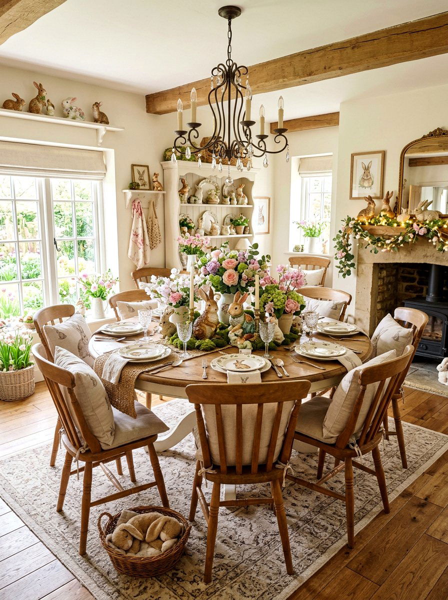 Vintage Bunny Decor - 25 Spring Round Table Decor Ideas