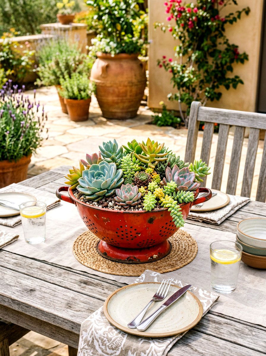 Vintage Colander Succulent Garden - 25 Spring Antique Planter Ideas