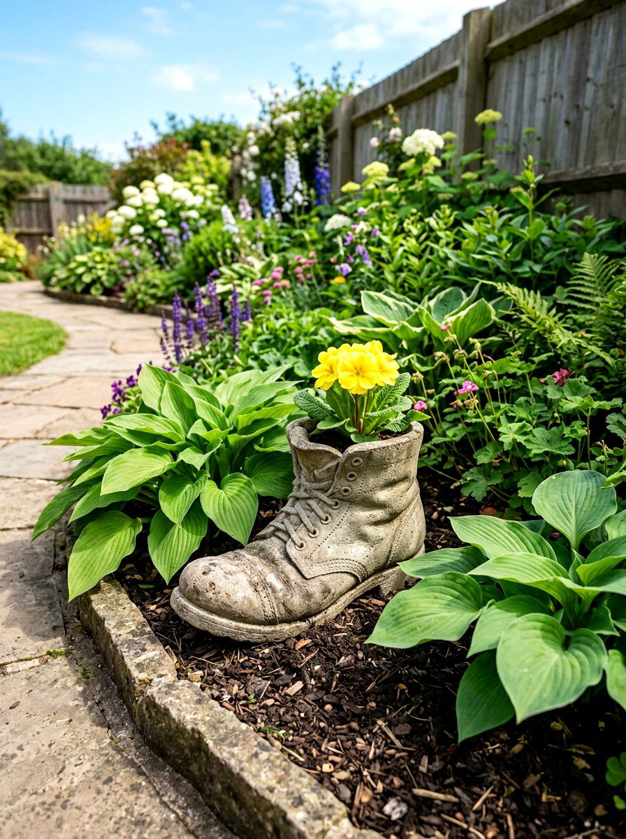 Vintage Concrete Boot Ornament - 25 Spring Antique Planter Ideas