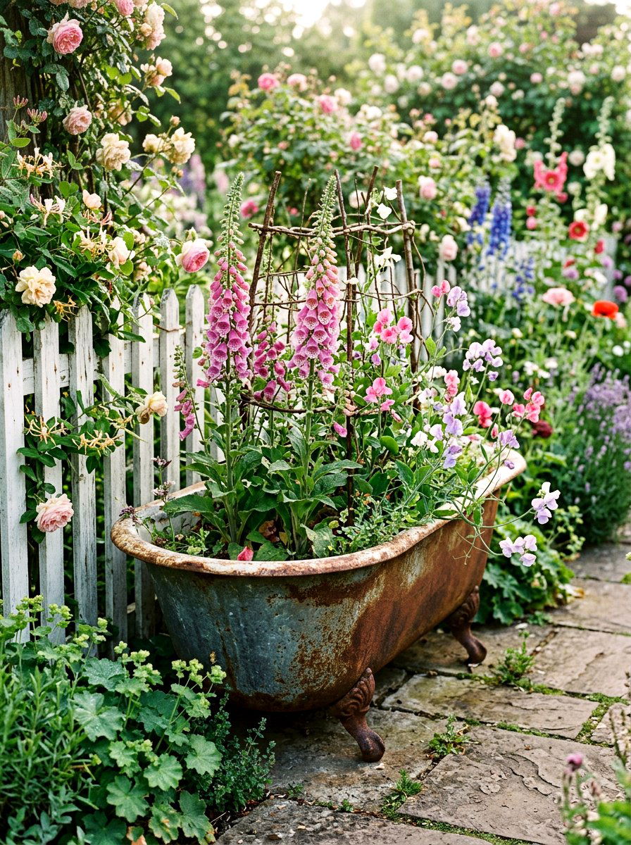 Vintage Cottage Garden Tub - 25 Spring Galvanized Tub Planter Ideas