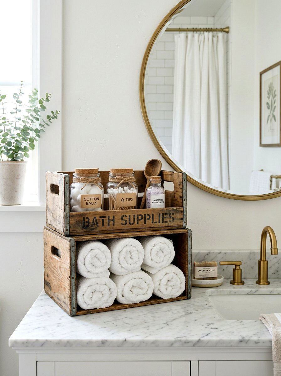 Vintage Crate Bathroom Storage - 25 Spring Vintage Crate Decor Ideas