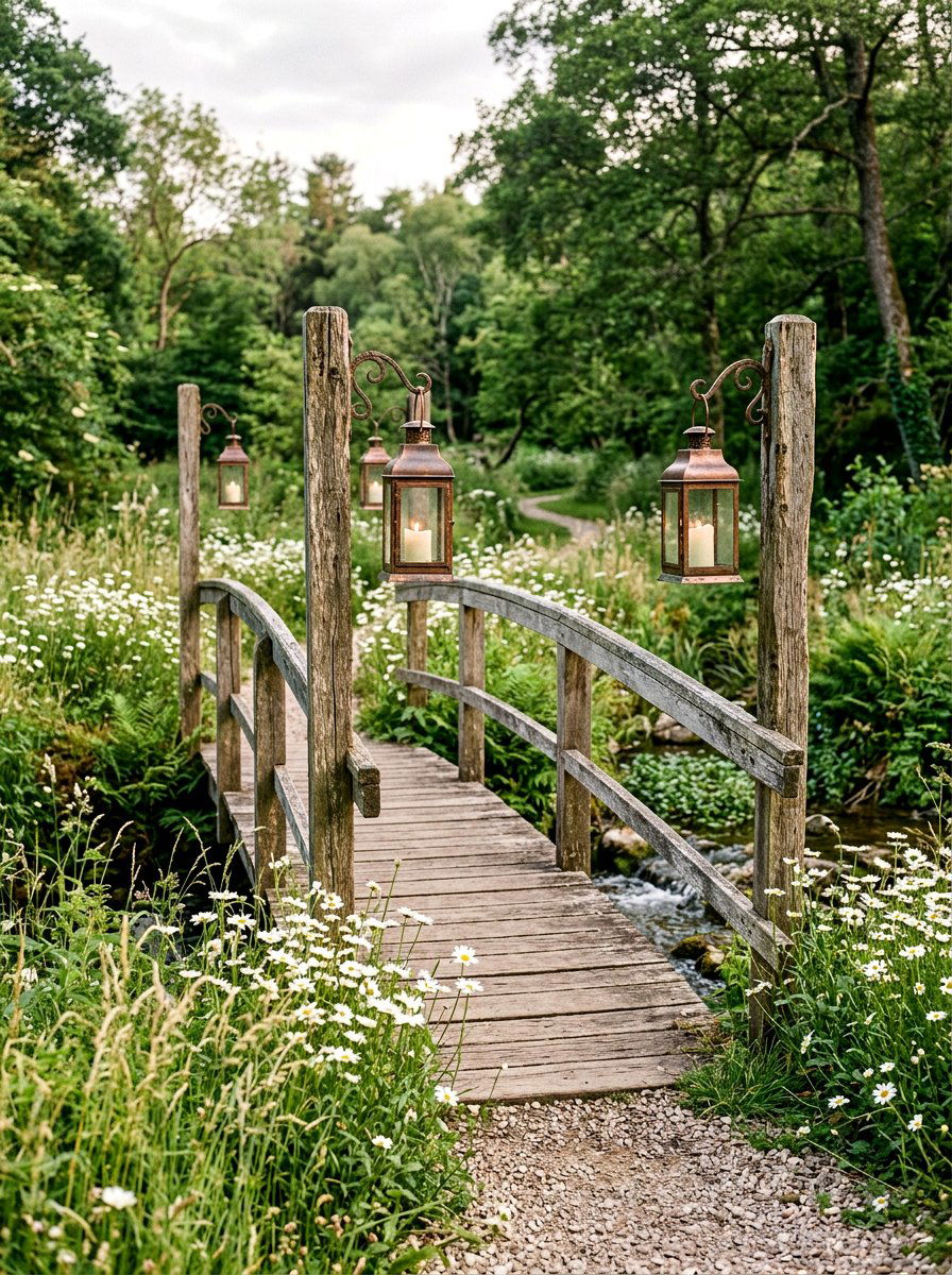 Vintage Distressed Wood Bridge - 25 Spring Garden Bridge Decor Ideas