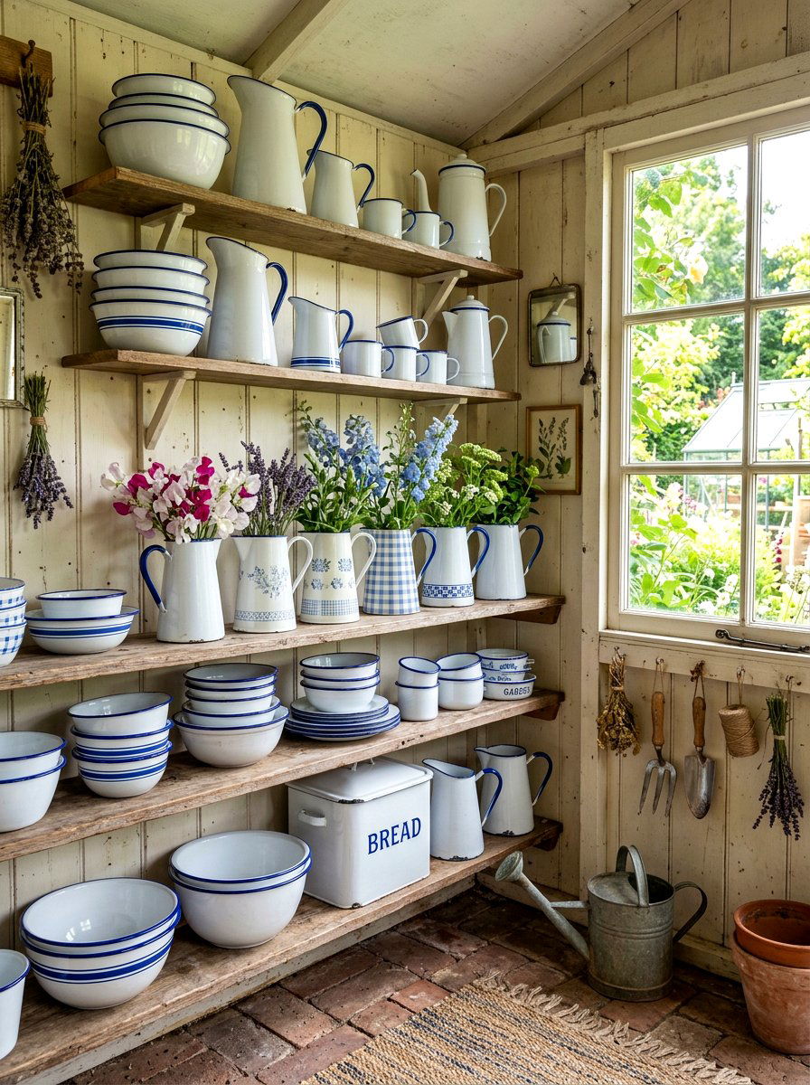 Vintage Enamelware Display - 25 Spring Potting Shed Decor Ideas
