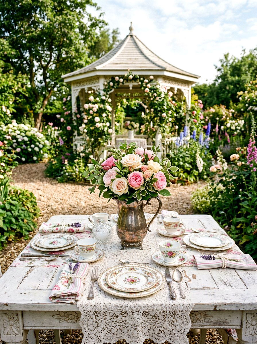 Vintage Floral Table - 25 Spring Gazebo Table Decor Ideas