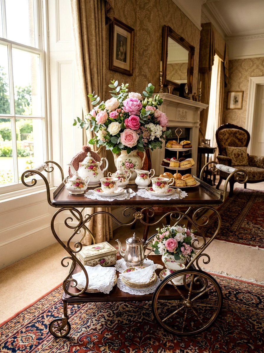 Vintage Floral Tea Service - 25 Spring Bar Cart Decor Ideas