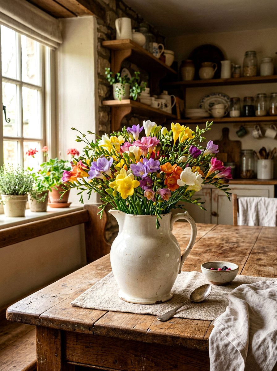 Vintage Freesia Pitcher - 25 Spring Freesia Arrangement Ideas