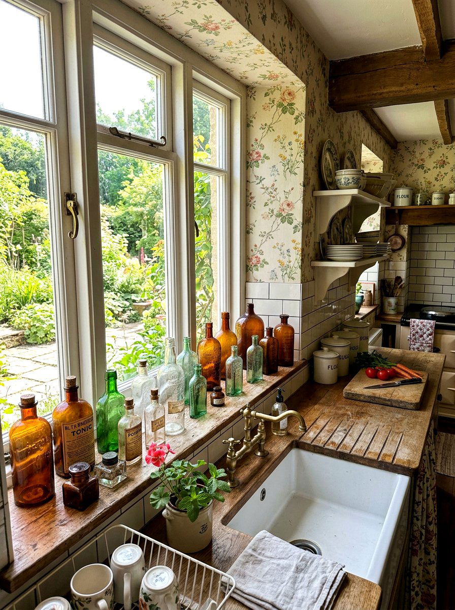 Vintage Glass Bottles - 25 Spring Kitchen Windowsill Decor Ideas