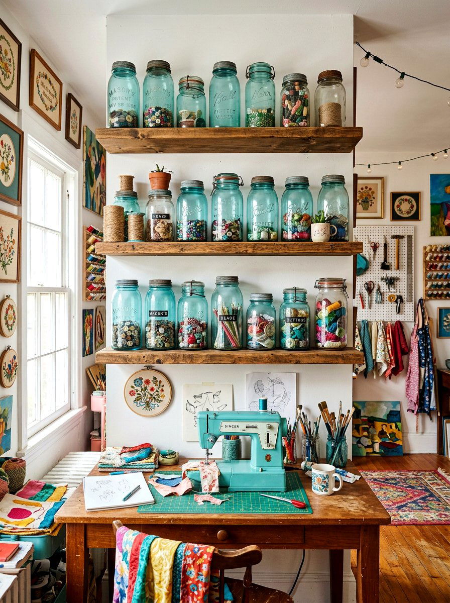 Vintage Glass Jar Collection - 25 Spring Floating Shelf Decor Ideas