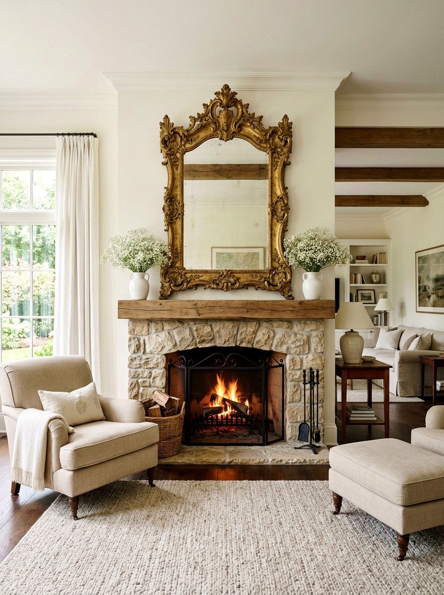 Vintage Gold Mirror Mantel - 25 Spring Fireplace Decor Ideas