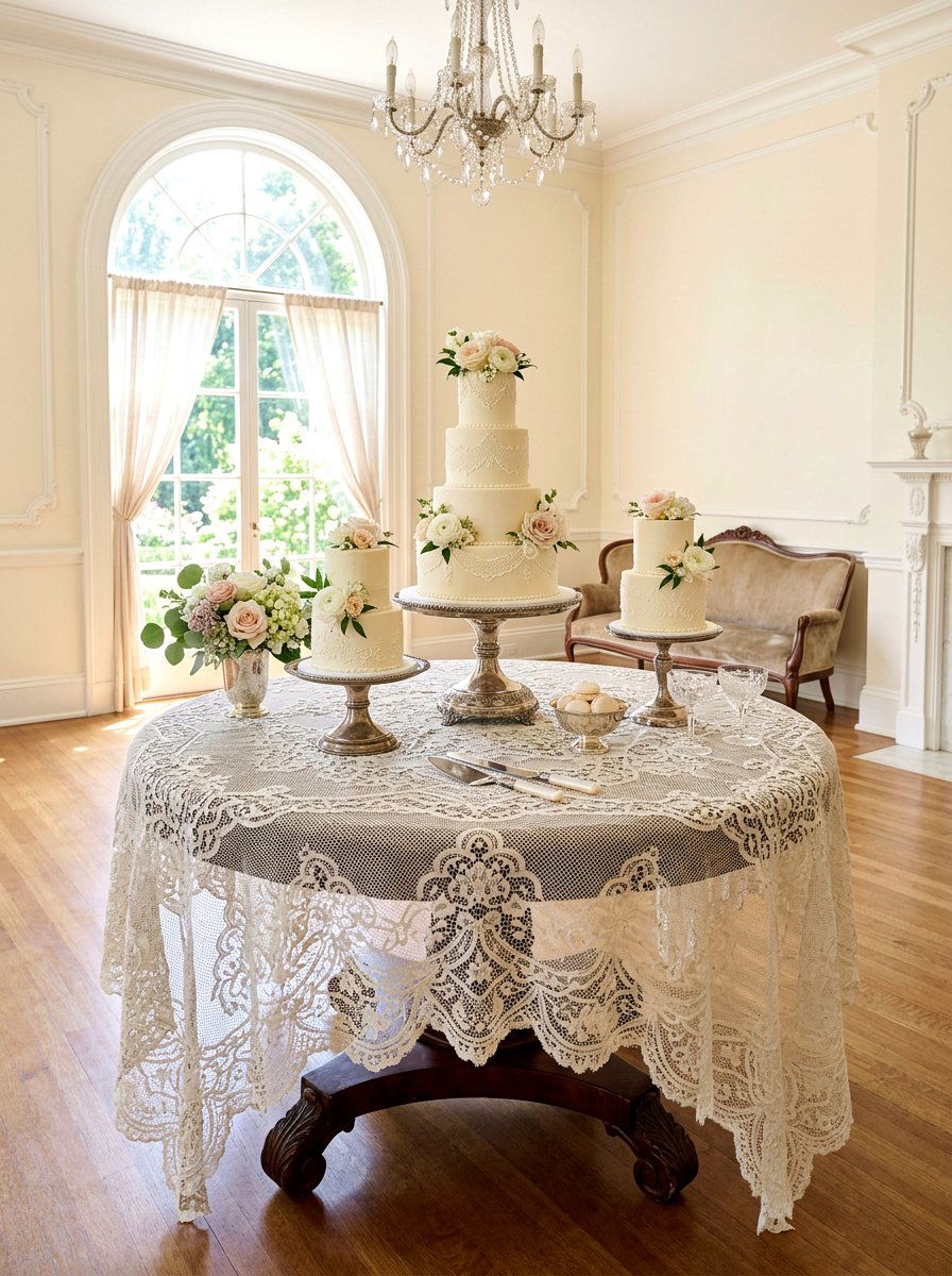 Vintage Lace Tablecloth Cake Setup - 25 Spring Wedding Cake Table Ideas