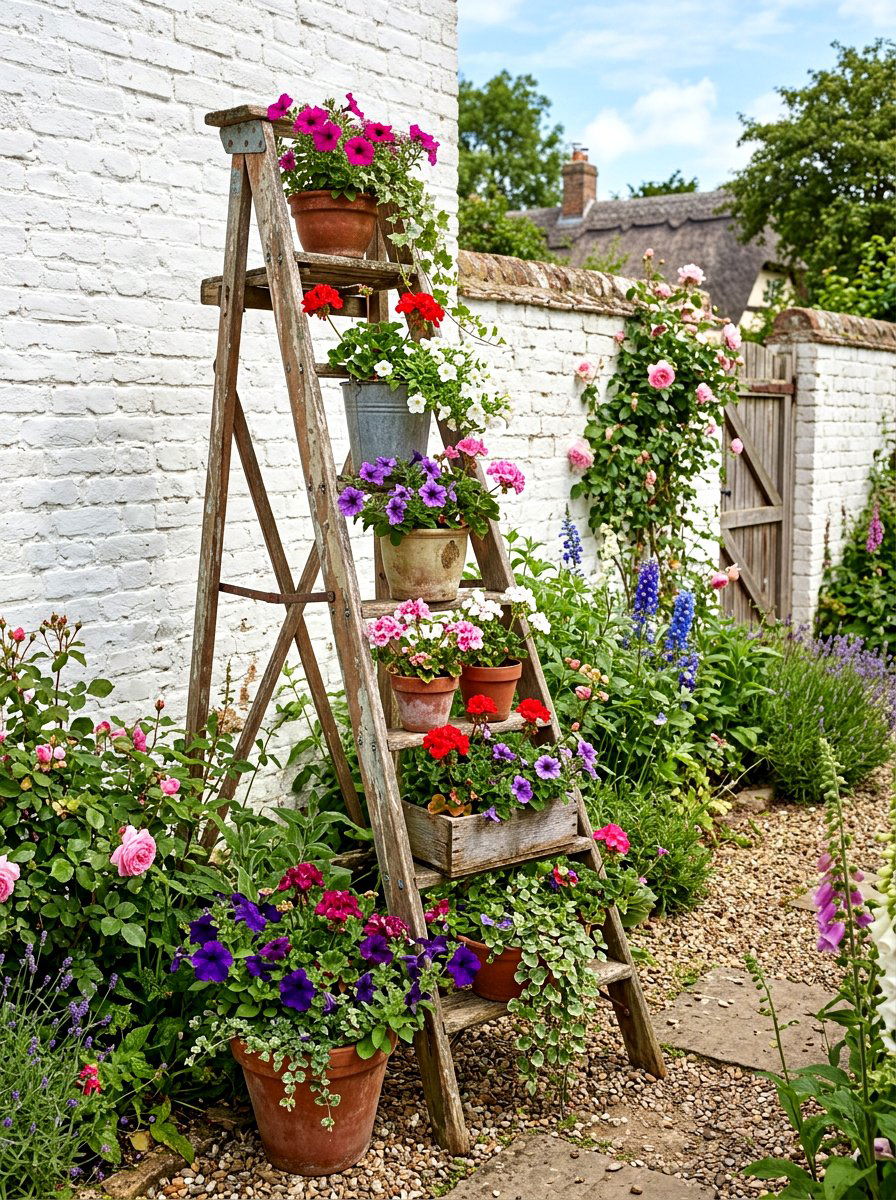 Vintage Ladder Flower Display - 25 Spring Flower Stand Ideas