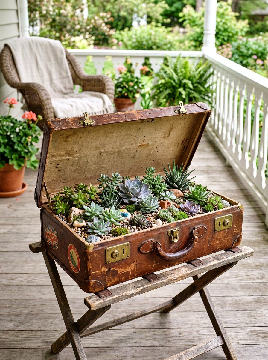 Vintage Leather Suitcase - 25 Spring Vintage Planter Ideas
