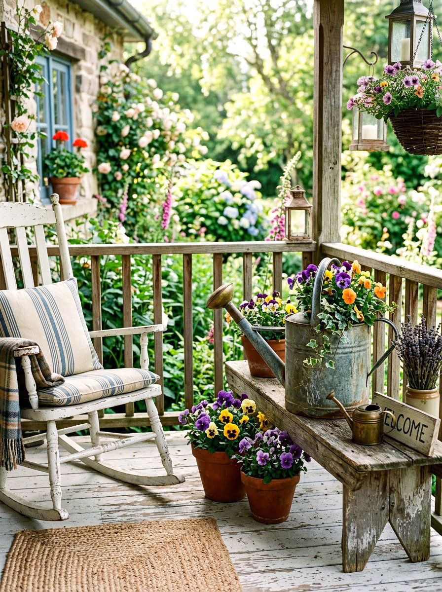 Vintage Metal Watering Can Porch Display - 25 Spring Watering Can Decor Ideas