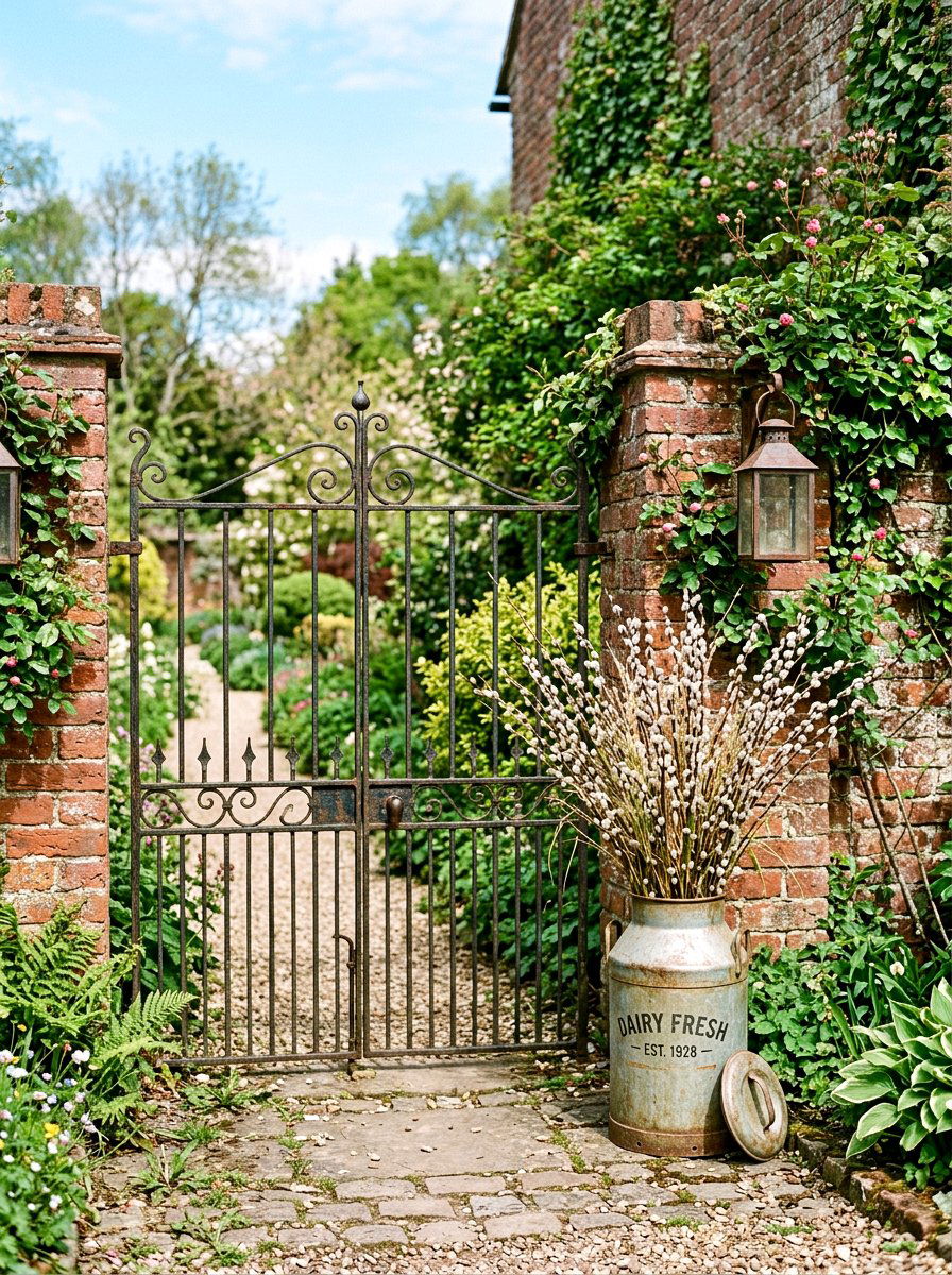Vintage Milk Can By Gate - 25 Spring Iron Gate Decor Ideas