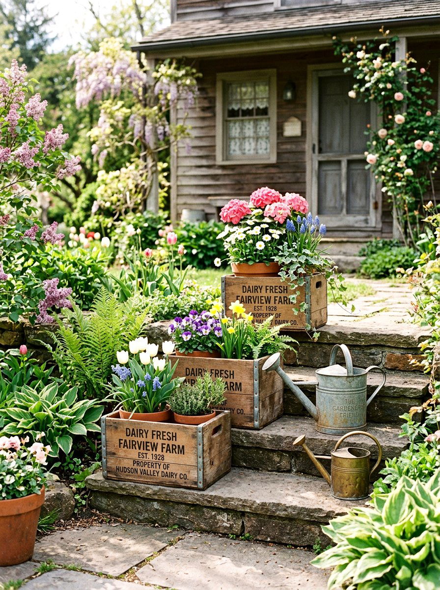 Vintage Milk Crates On Steps - 25 Spring Outdoor Staircase Decor Ideas