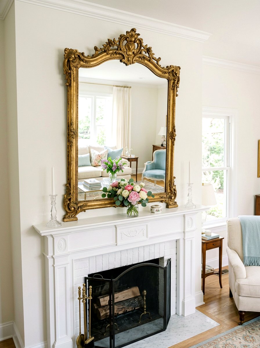 Vintage Mirror Display - 25 Spring Living Room Mantel Ideas