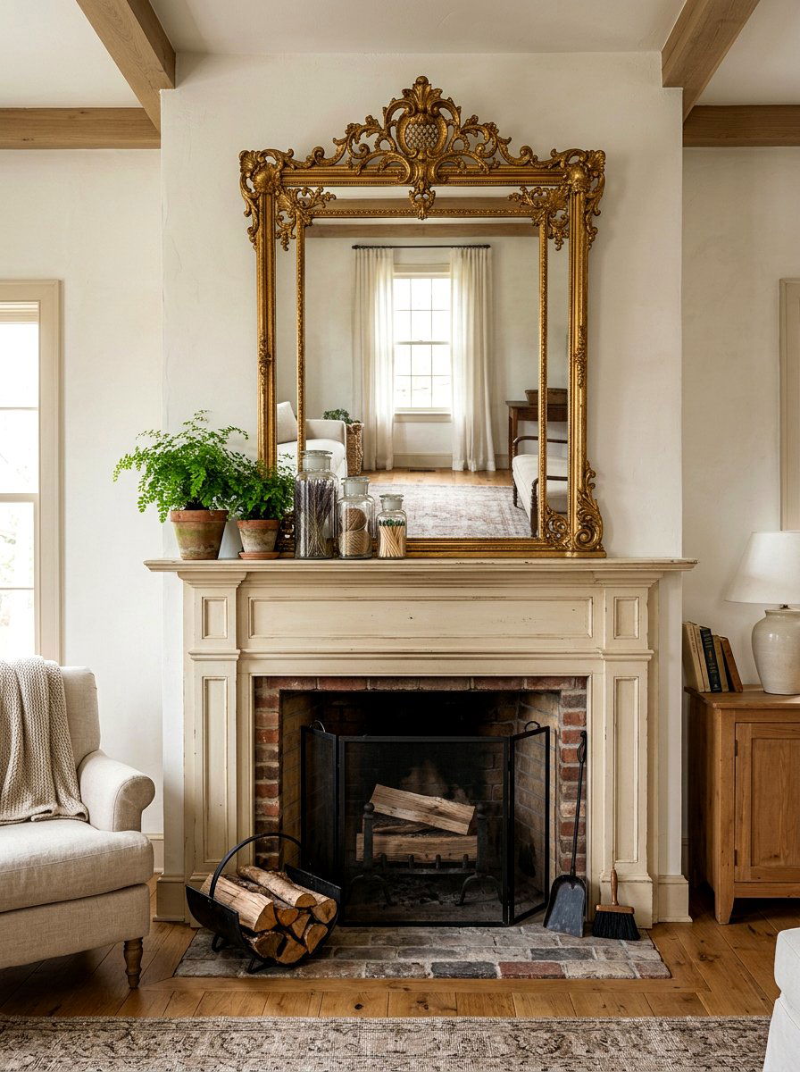 Vintage Mirror Fireplace - 25 Spring Farmhouse Fireplace Ideas
