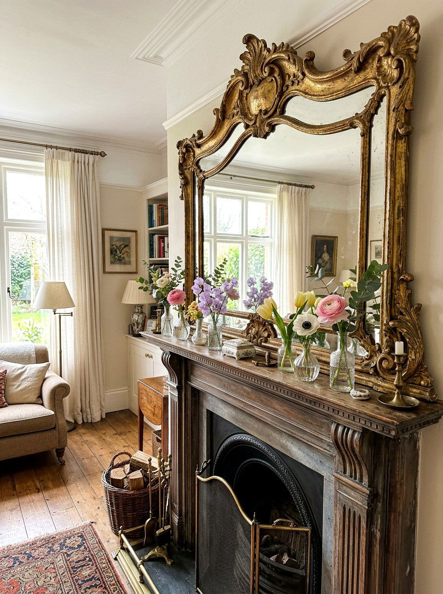 Vintage Mirror Mantel - 25 Spring Mantel Decor Ideas