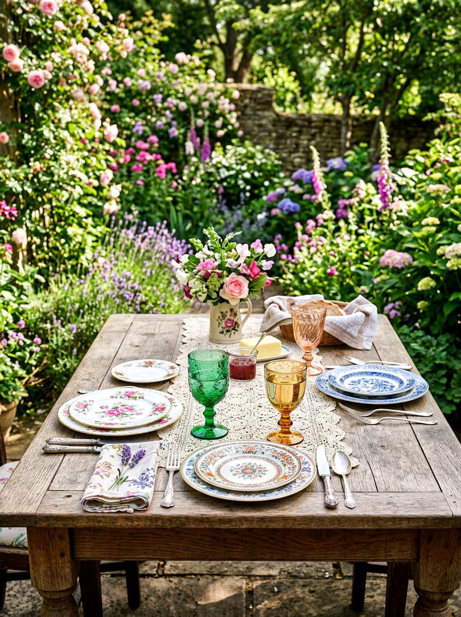 Vintage Mismatched Dinnerware - 25 Spring Outdoor Dining Table Decor Ideas