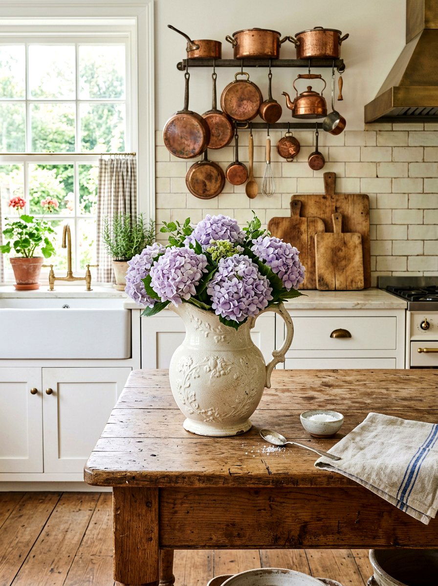 Vintage Pitcher Hydrangea Display - 25 Spring Hydrangea Centerpiece Ideas