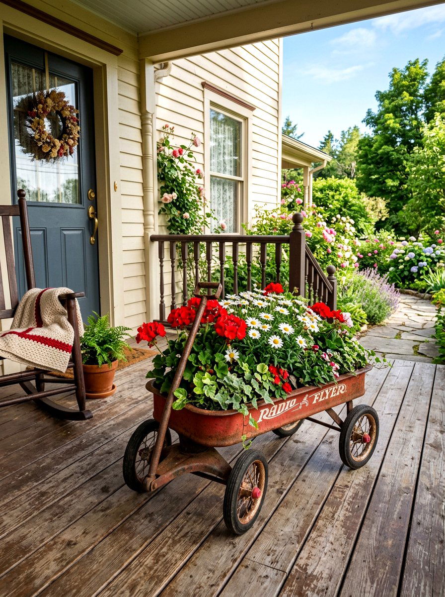 Vintage Red Wagon - 25 Spring Porch Wagon Decor Ideas