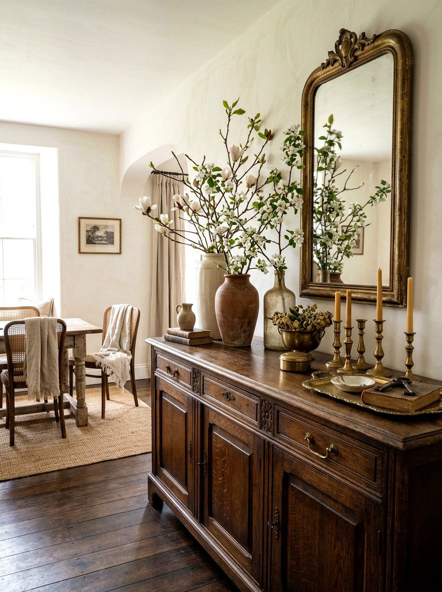 Vintage Sideboard Display - 25 Spring Rustic Decor Ideas