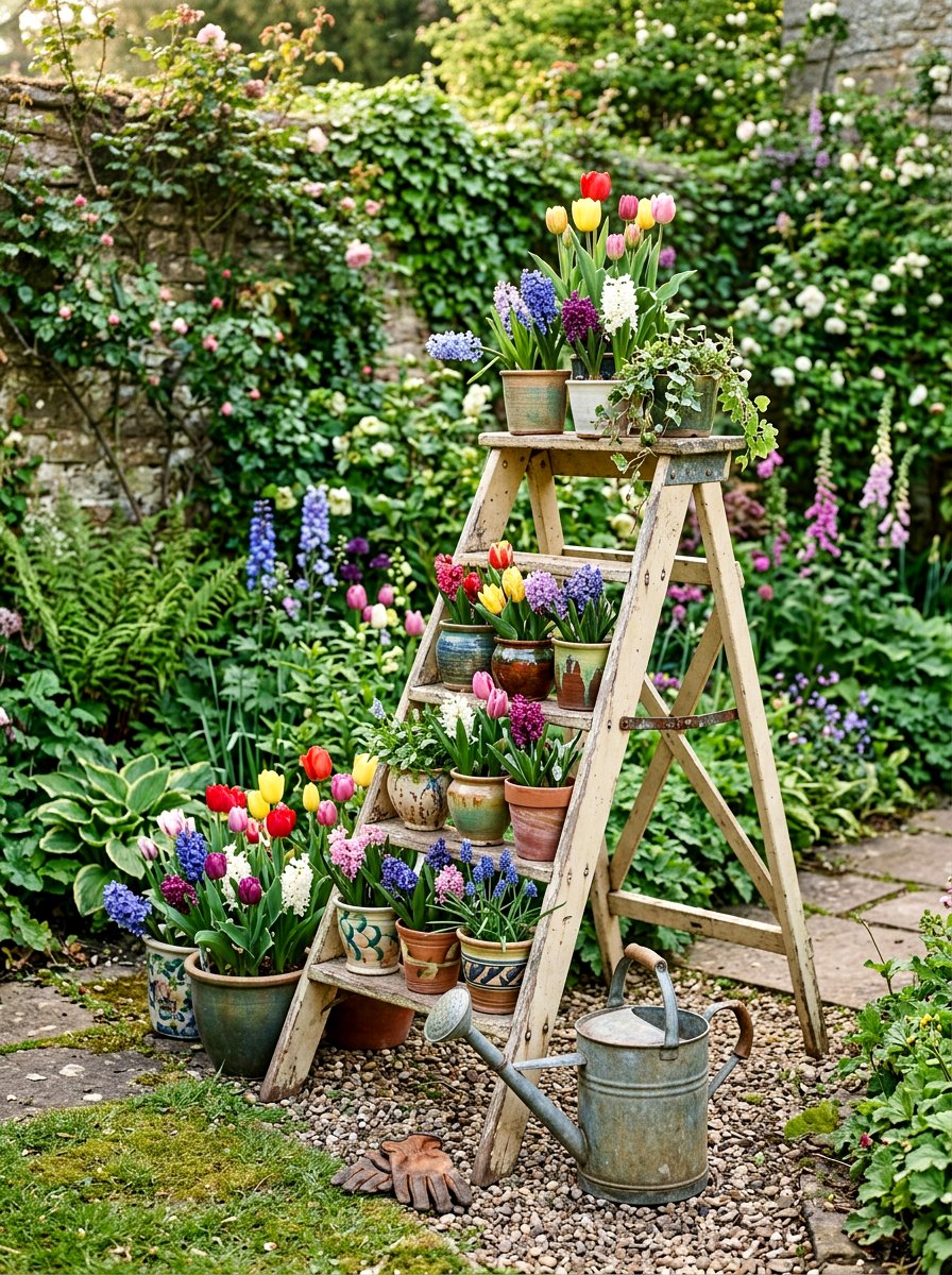 Vintage Step Ladder Flower Display - 25 Spring Garden Ladder Display Ideas