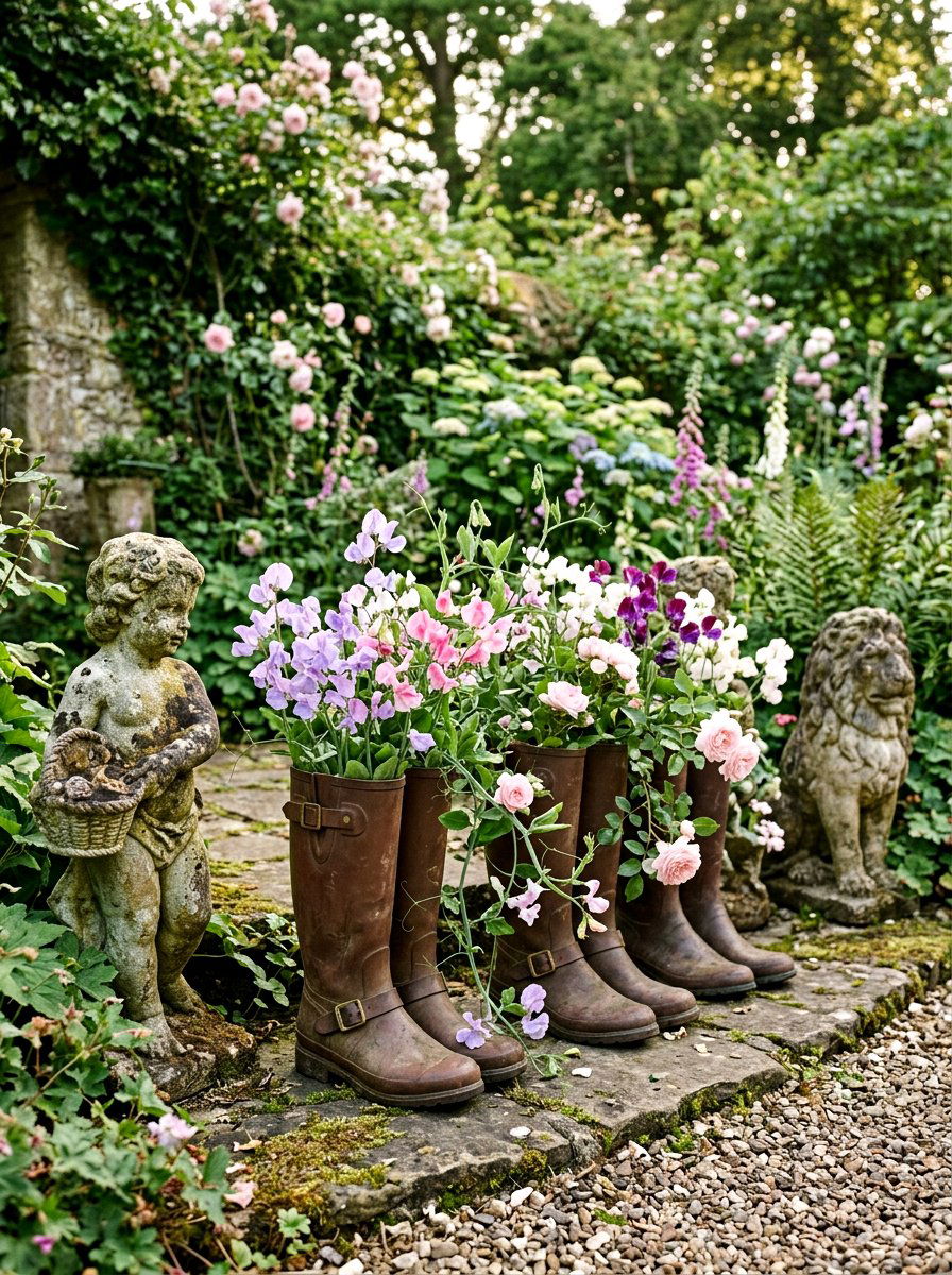 Vintage Style Boot Garden - 25 Spring Rubber Boot Planter Ideas