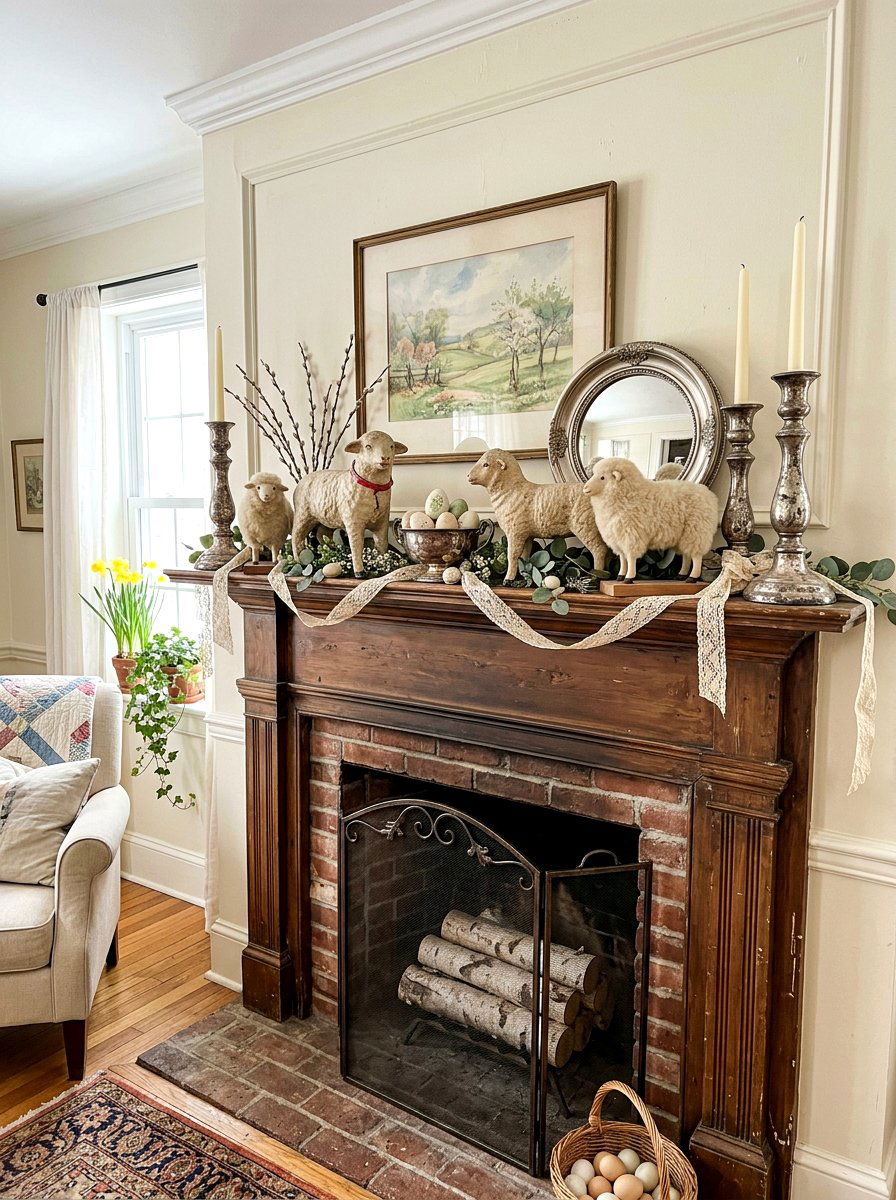 Vintage Style Easter Mantle - 25 Spring Lamb Decor Ideas