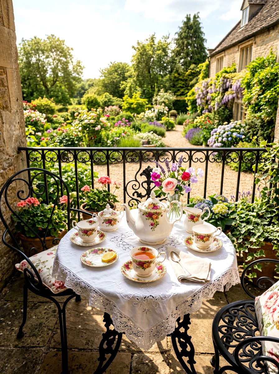 Vintage Tea Set - 25 Spring Balcony Table Decor Ideas