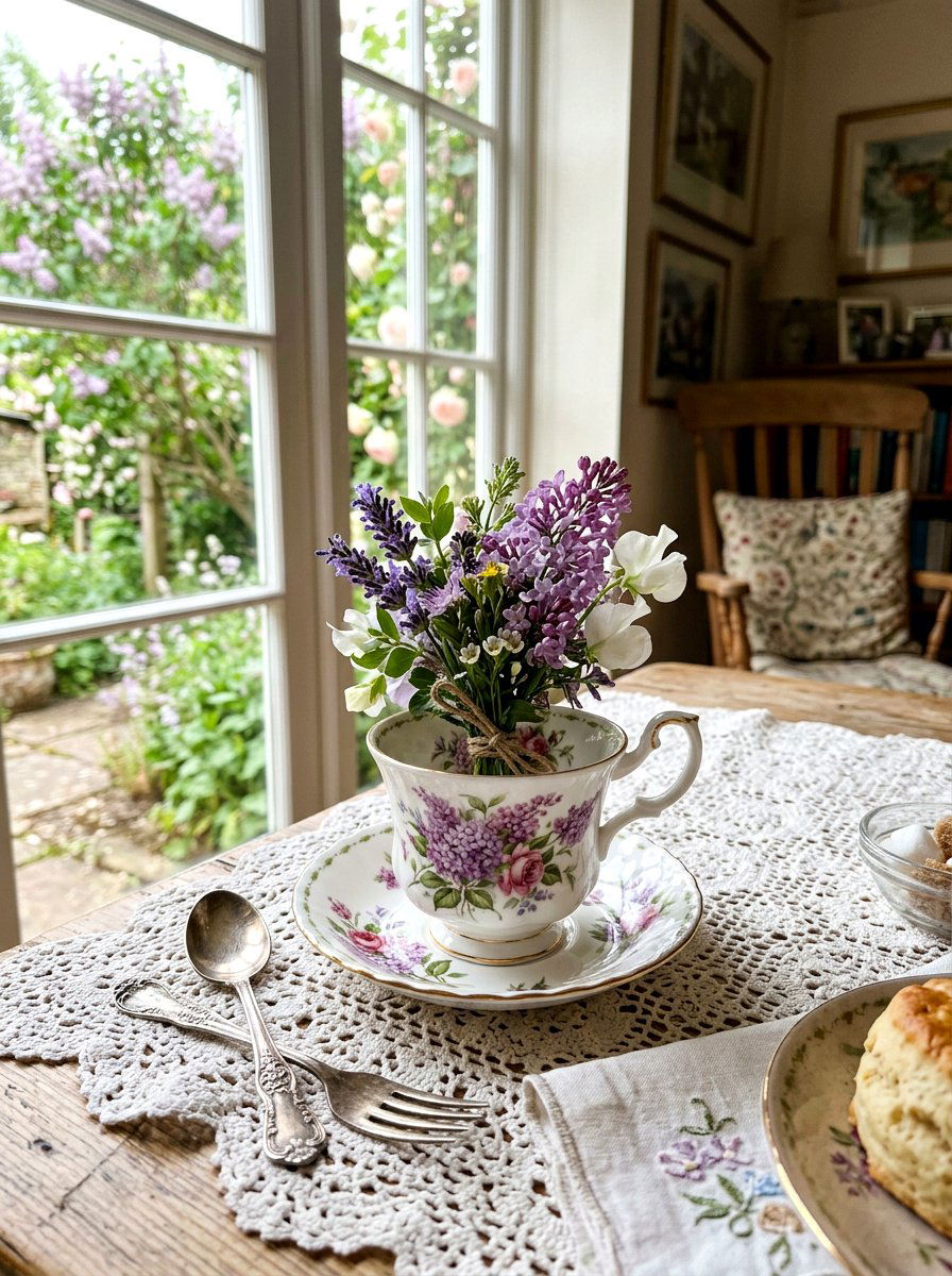 Vintage Teacup Lilac Tiny Bouquet - 25 Spring Lilac Arrangement Ideas