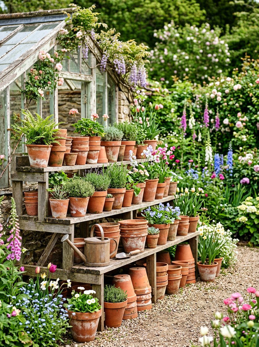 Vintage Terracotta Pot Display - 25 Spring Greenhouse Display Ideas