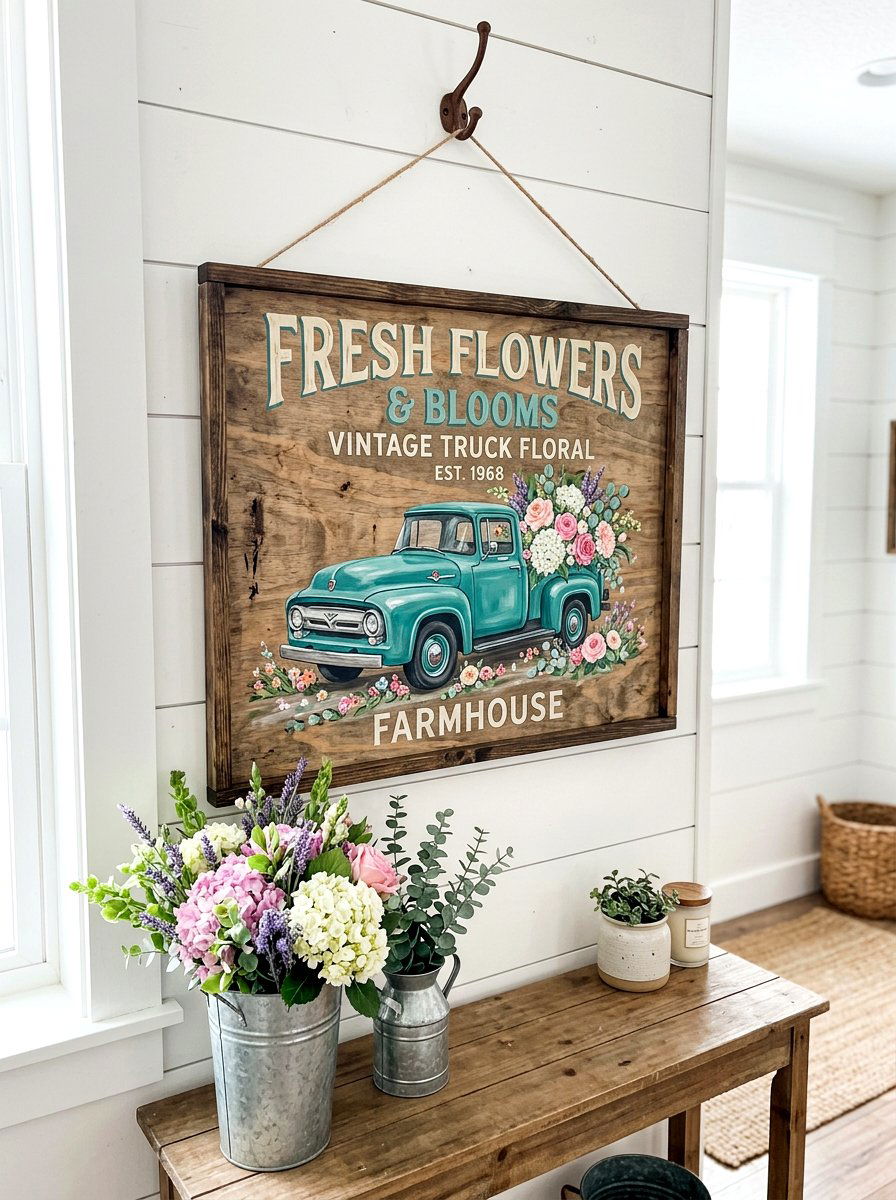 Vintage Truck Floral Sign - 25 Spring Painted Sign Ideas