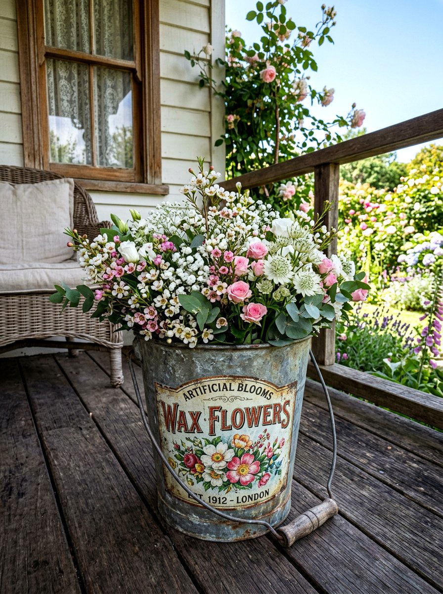 Vintage Wax Flower Tin Bucket - 25 Spring Wax Flower Ideas